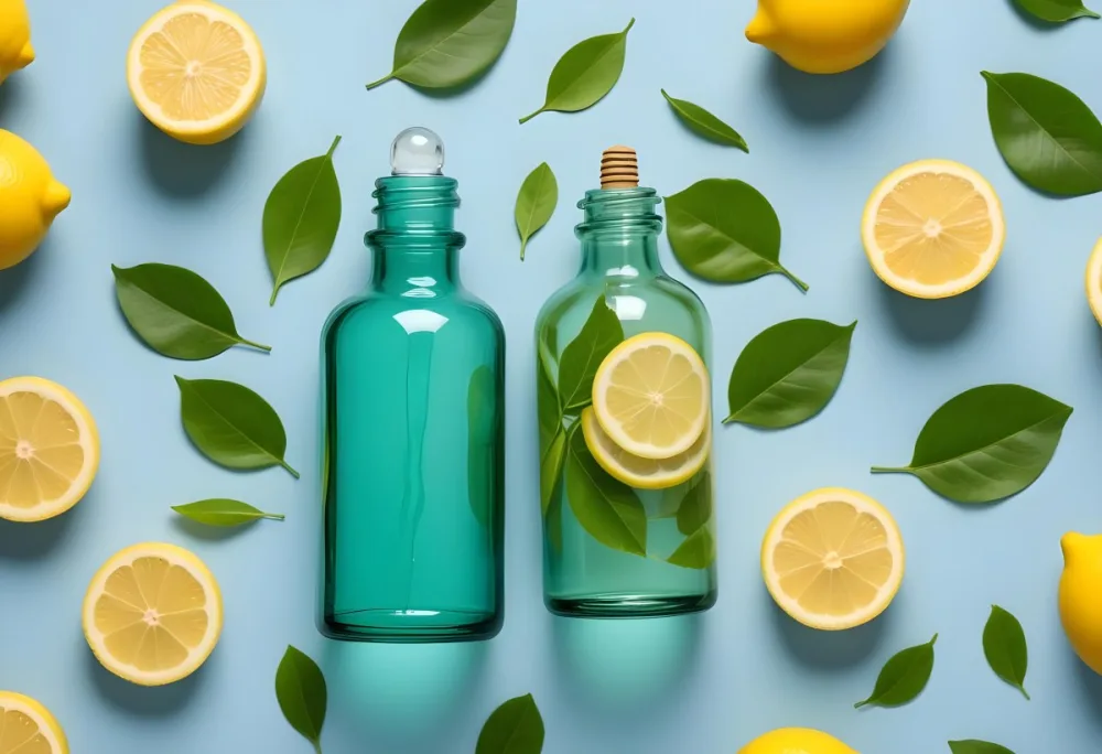 A Green Glass Bottle With A Dropper Surrounded By Sliced Lemons And Lemon Leaves On A Light Blue Background 2 21d5