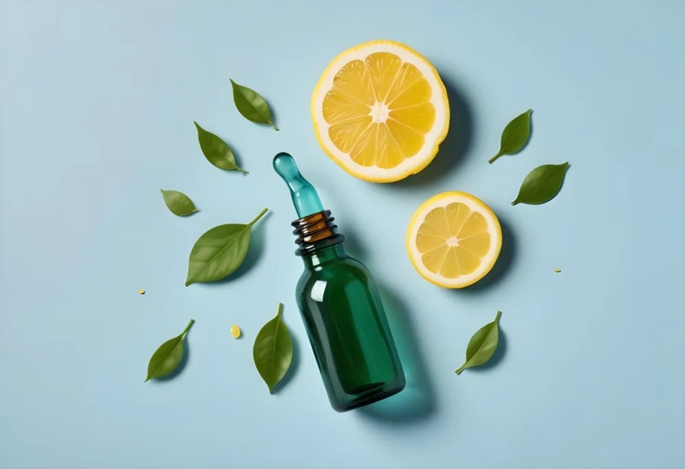 A Green Glass Bottle With A Dropper Surrounded By Sliced Lemons And Lemon Leaves On A Light Blue Background 21 71a1