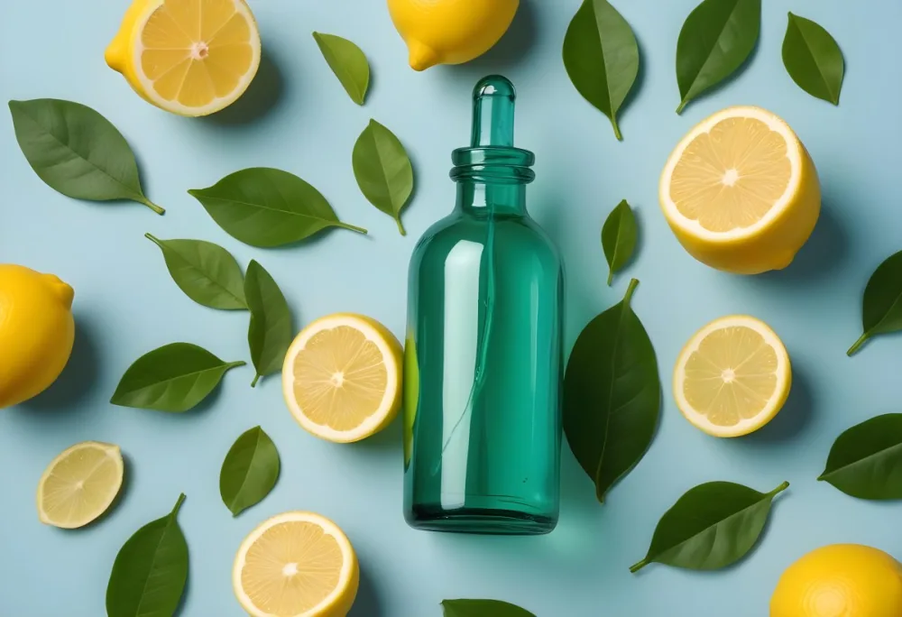 A Green Glass Bottle With A Dropper Surrounded By Sliced Lemons And Lemon Leaves On A Light Blue Background 3 82a2