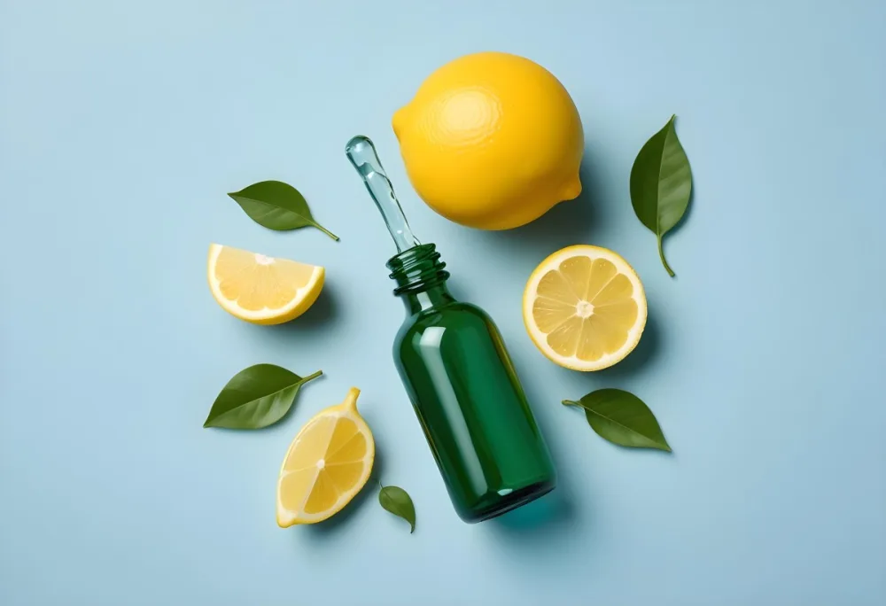 A Green Glass Bottle With A Dropper Surrounded By Sliced Lemons And Lemon Leaves On A Light Blue Background 4 4e04