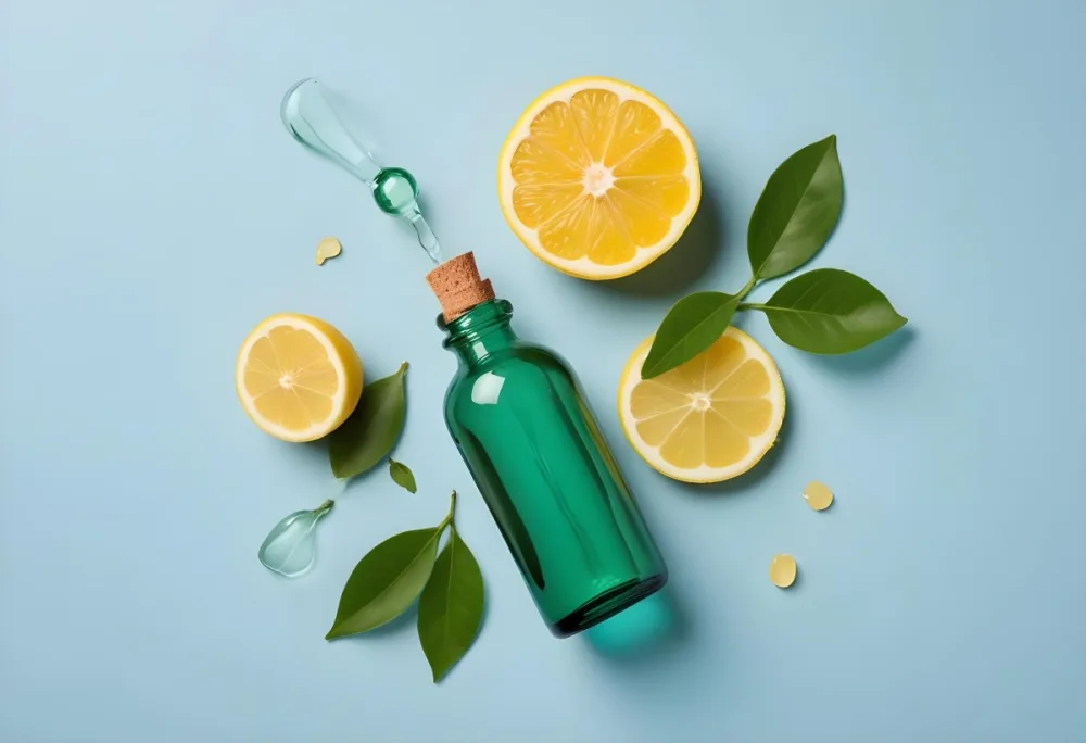 A Green Glass Bottle With A Dropper Surrounded By Sliced Lemons And Lemon Leaves On A Light Blue Background 6 2da4