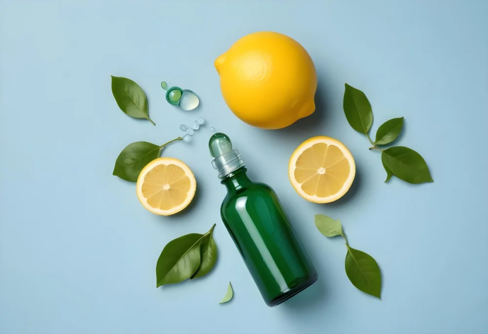 A Green Glass Bottle With A Dropper Surrounded By Sliced Lemons And Lemon Leaves On A Light Blue Background 7 6bf7