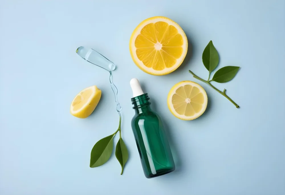 A Green Glass Bottle With A Dropper Surrounded By Sliced Lemons And Lemon Leaves On A Light Blue Background 8 A51d