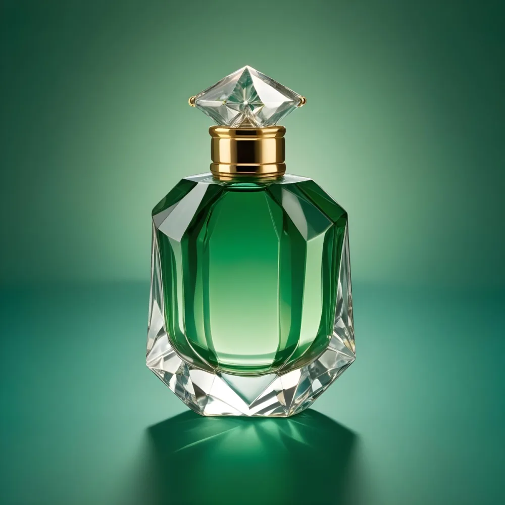 A Green Glass Perfume Bottle With A Diamond Shaped Cap Gold Neck And Faceted Body On A Green Background 4 Aeab