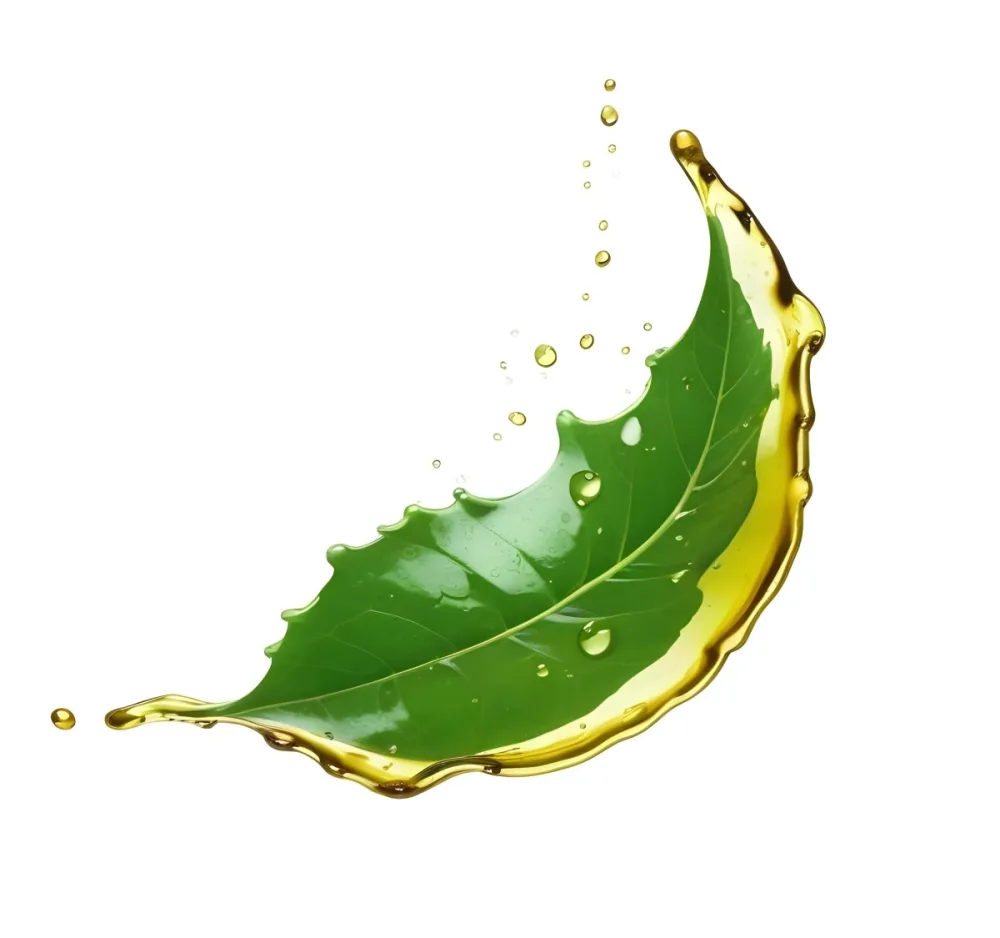 A Green Leaf With A Splash Of Green Oil Around It The Background Is Plain White The Oil Is Dripping And Splashing Around The Leaf 38 6f0d