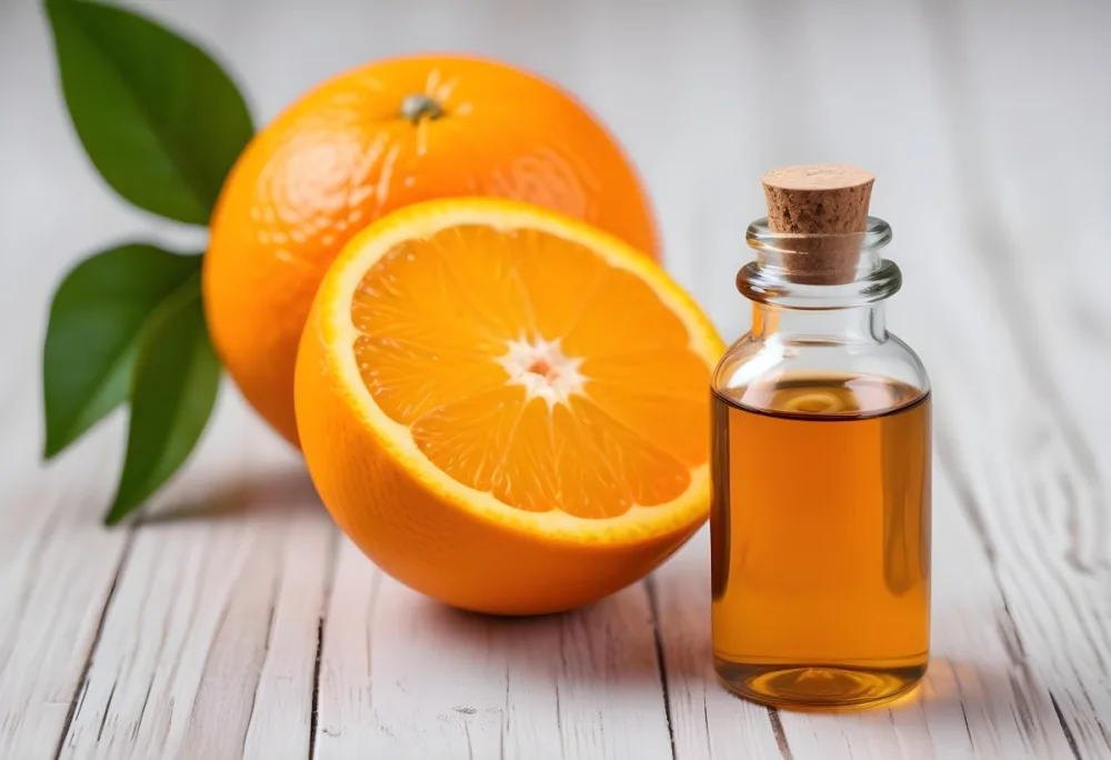 A Half Cut Orange With A Glass Bottle Of Orange Essential Oil Next To It On A Light Wooden Surface 10