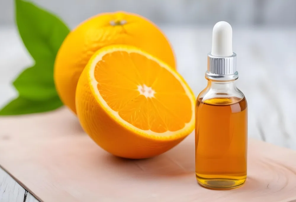A Half Cut Orange With A Glass Bottle Of Orange Essential Oil Next To It On A Light Wooden Surface 19