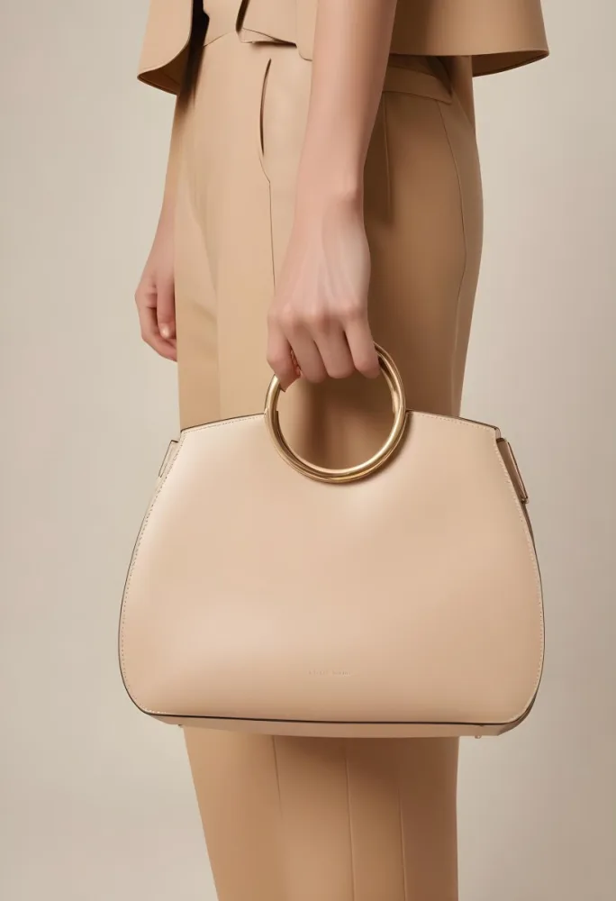 A Hand Holding A Beige Handbag With A Circular Handle The Bag Has A Structured Design And Is Made Of Smooth The Background Is A Neutral Color Complementing The Bag S Tone The Hand Appears To Be Part Of A Person Weari 12 Df48