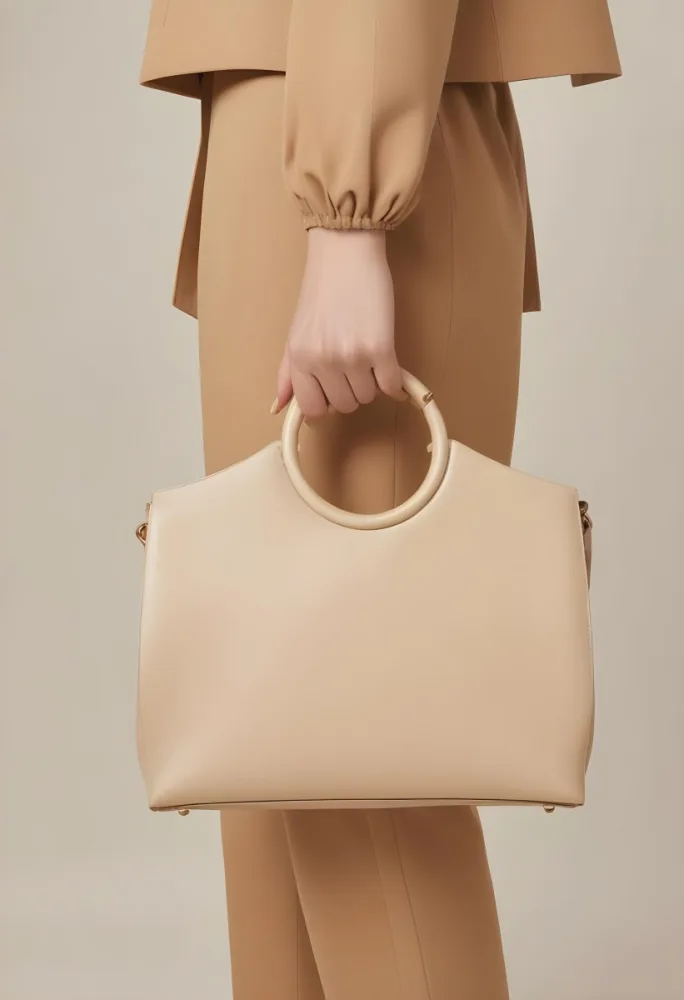 A Hand Holding A Beige Handbag With A Circular Handle The Bag Has A Structured Design And Is Made Of Smooth The Background Is A Neutral Color Complementing The Bag S Tone The Hand Appears To Be Part Of A Person Weari 13 614e