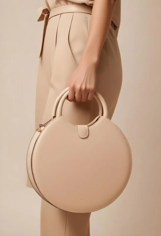 A Hand Holding A Beige Handbag With A Circular Handle The Bag Has A Structured Design And Is Made Of Smooth The Background Is A Neutral Color Complementing The Bag S Tone The Hand Appears To Be Part Of A Person Weari 3 5f56