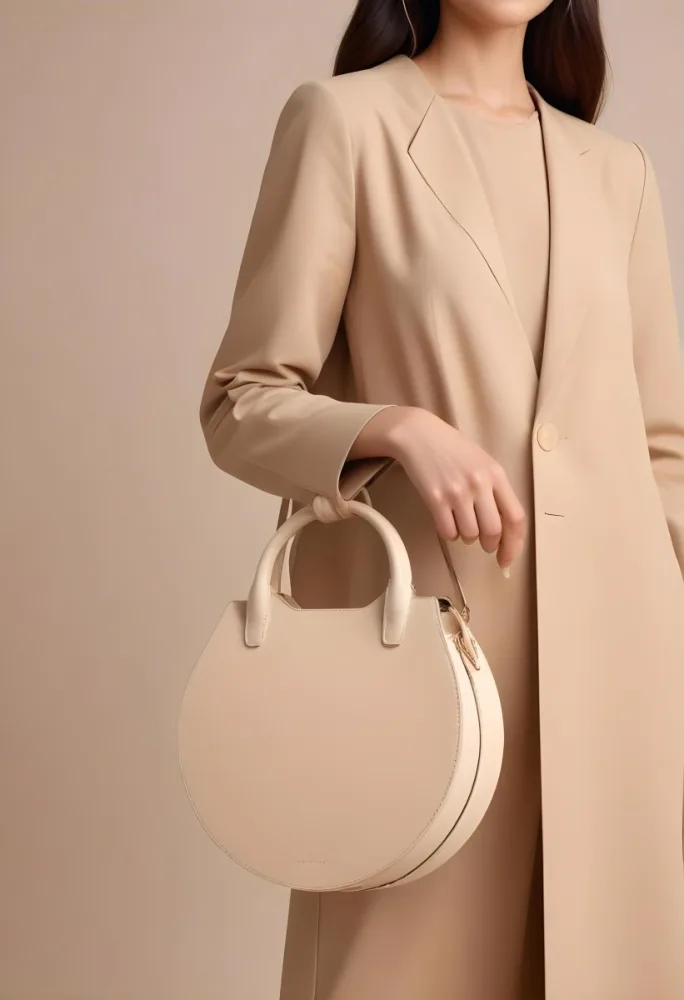 A Hand Holding A Beige Handbag With A Circular Handle The Bag Has A Structured Design And Is Made Of Smooth The Background Is A Neutral Color Complementing The Bag S Tone The Hand Appears To Be Part Of A Person Weari 4 70da