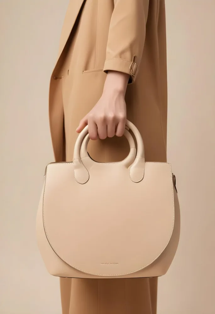 A Hand Holding A Beige Handbag With A Circular Handle The Bag Has A Structured Design And Is Made Of Smooth The Background Is A Neutral Color Complementing The Bag S Tone The Hand Appears To Be Part Of A Person Weari 7 56f0