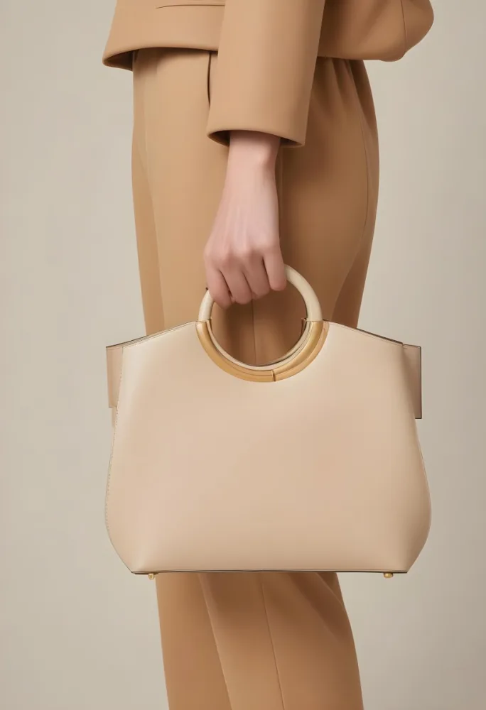 A Hand Holding A Beige Handbag With A Circular Handle The Bag Has A Structured Design And Is Made Of Smooth The Background Is A Neutral Color Complementing The Bag S Tone The Hand Appears To Be Part Of A Person Weari 9 473b
