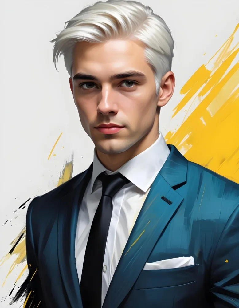 A Handsome Caucasian Man 28 Years Old With White Hair Wearing A Black Tie And A Yellow Suit In A Black Background With Yellow Brush Strokes 10 8bea