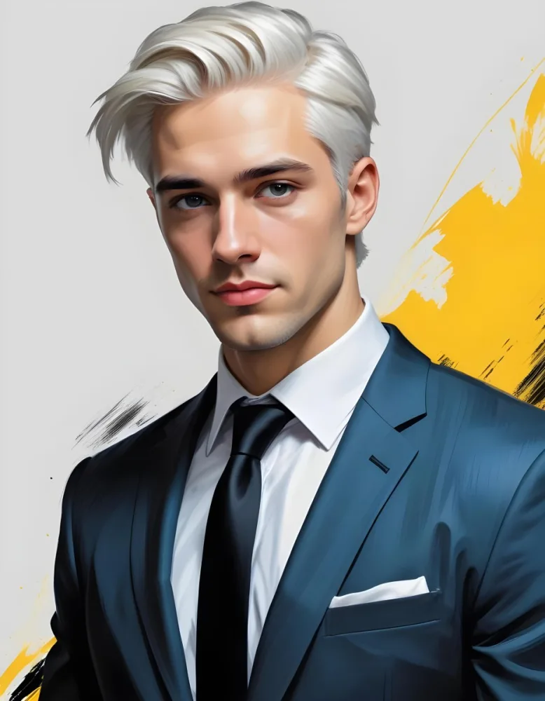 A Handsome Caucasian Man 28 Years Old With White Hair Wearing A Black Tie And A Yellow Suit In A Black Background With Yellow Brush Strokes 2 Be53