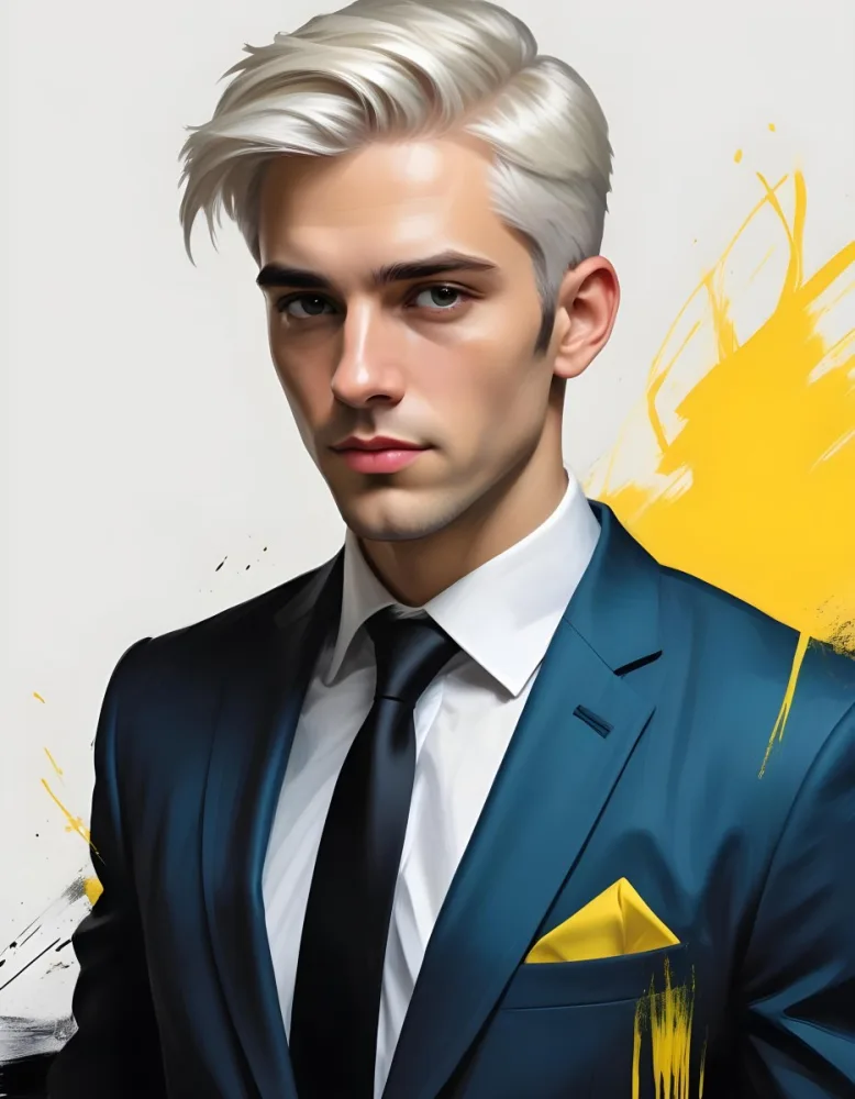A Handsome Caucasian Man 28 Years Old With White Hair Wearing A Black Tie And A Yellow Suit In A Black Background With Yellow Brush Strokes 24 D37f