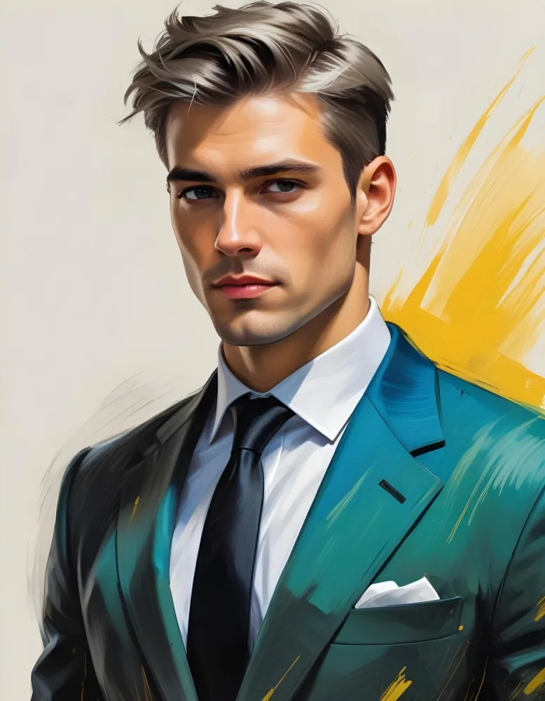 A Handsome Caucasian Man 28 Years Old With White Hair Wearing A Black Tie And A Yellow Suit In A Black Background With Yellow Brush Strokes 27 0e36