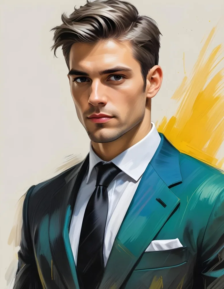 A Handsome Caucasian Man 28 Years Old With White Hair Wearing A Black Tie And A Yellow Suit In A Black Background With Yellow Brush Strokes 29 2ed6