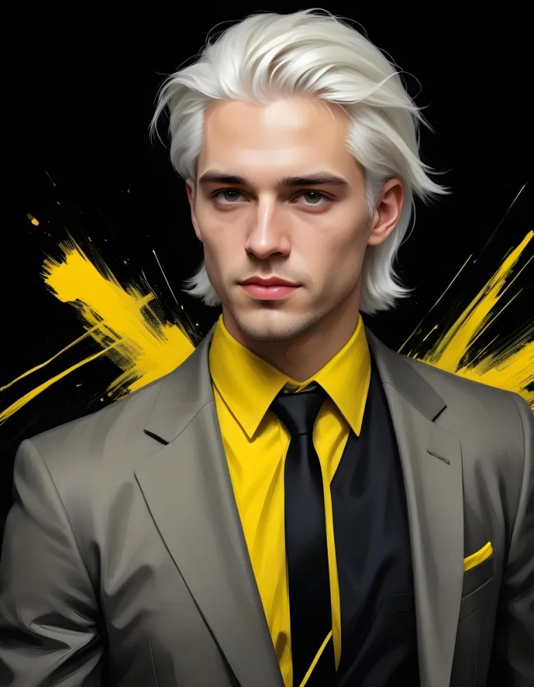 A Handsome Caucasian Man 28 Years Old With White Hair Wearing A Black Tie And A Yellow Suit In A Black Background With Yellow Brush Strokes 32 29f0