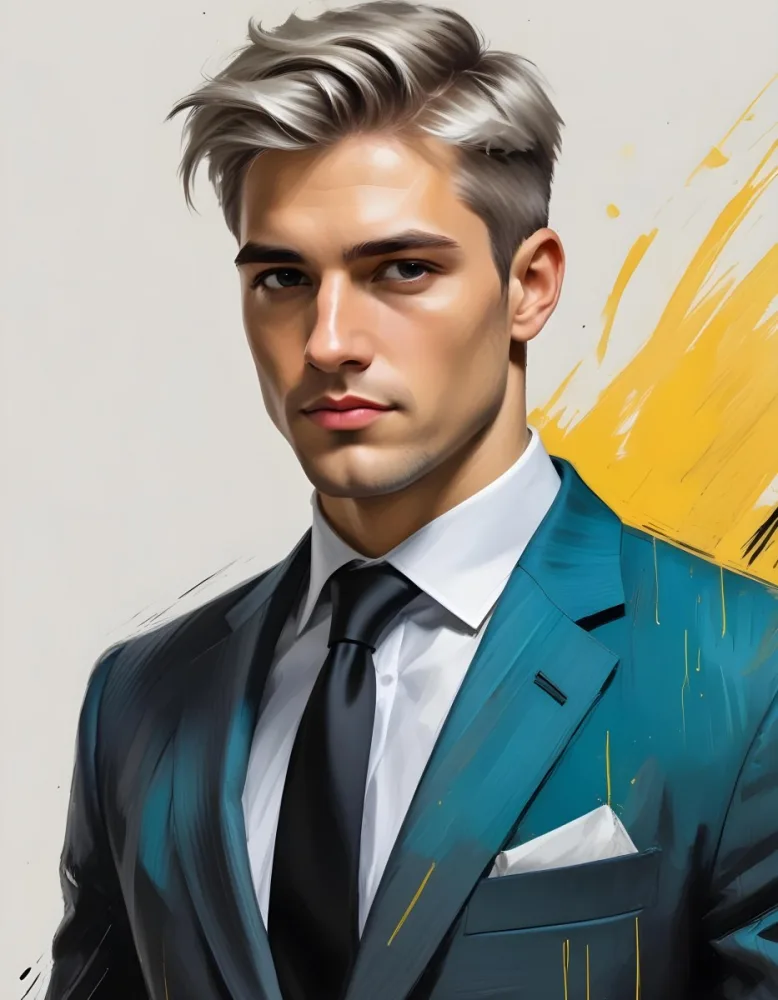 A Handsome Caucasian Man 28 Years Old With White Hair Wearing A Black Tie And A Yellow Suit In A Black Background With Yellow Brush Strokes 35 D242