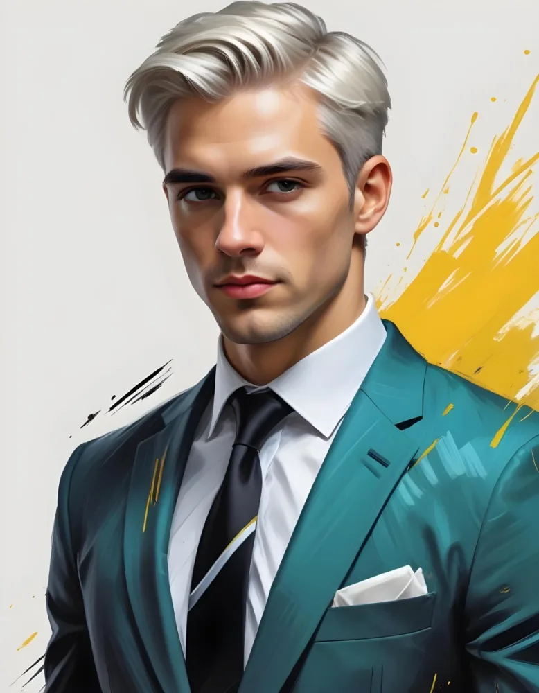 A Handsome Caucasian Man 28 Years Old With White Hair Wearing A Black Tie And A Yellow Suit In A Black Background With Yellow Brush Strokes 39 0679