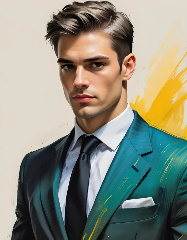 A Handsome Caucasian Man 28 Years Old With White Hair Wearing A Black Tie And A Yellow Suit In A Black Background With Yellow Brush Strokes 43 6e2d
