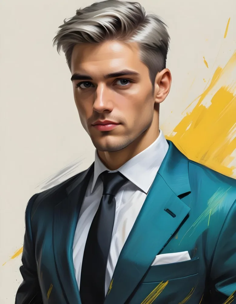 A Handsome Caucasian Man 28 Years Old With White Hair Wearing A Black Tie And A Yellow Suit In A Black Background With Yellow Brush Strokes 49 1884