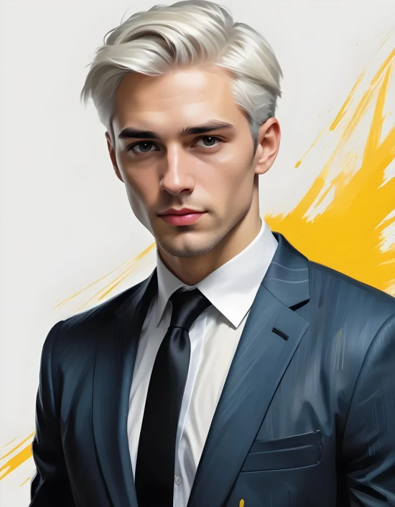 A Handsome Caucasian Man 28 Years Old With White Hair Wearing A Black Tie And A Yellow Suit In A Black Background With Yellow Brush Strokes 53 Ba07