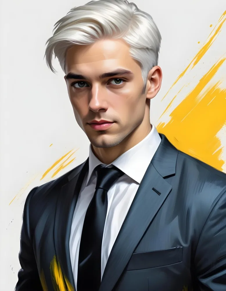 A Handsome Caucasian Man 28 Years Old With White Hair Wearing A Black Tie And A Yellow Suit In A Black Background With Yellow Brush Strokes 55 3472