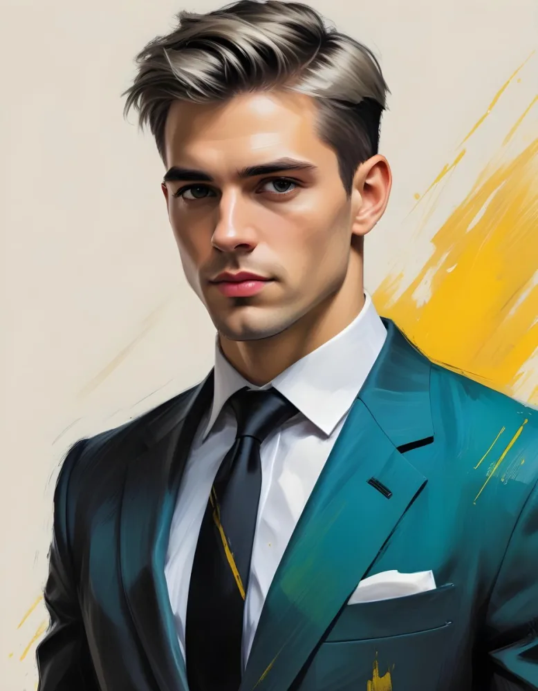 A Handsome Caucasian Man 28 Years Old With White Hair Wearing A Black Tie And A Yellow Suit In A Black Background With Yellow Brush Strokes 57 6236