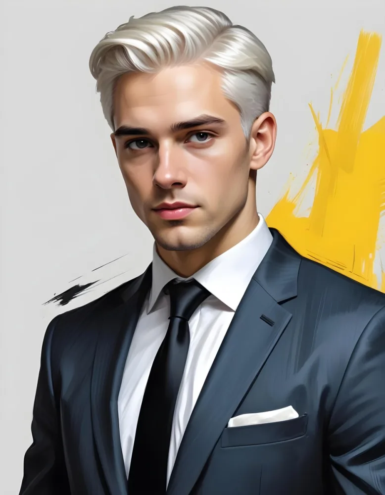 A Handsome Caucasian Man 28 Years Old With White Hair Wearing A Black Tie And A Yellow Suit In A Black Background With Yellow Brush Strokes 6 6eae