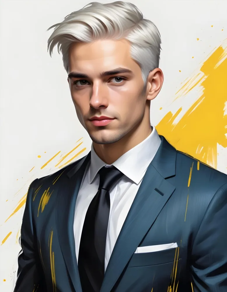 A Handsome Caucasian Man 28 Years Old With White Hair Wearing A Black Tie And A Yellow Suit In A Black Background With Yellow Brush Strokes 8 A1b2