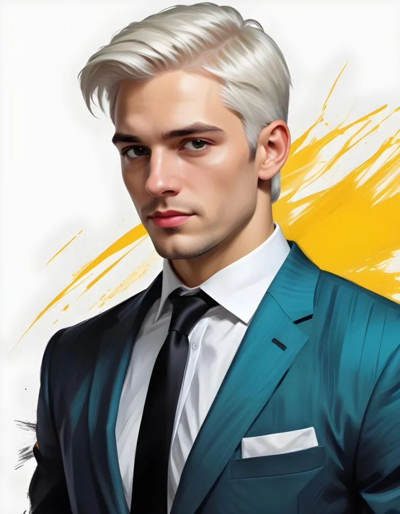 A Handsome Caucasian Man 28 Years Old With White Hair Wearing A Black Tie And A Yellow Suit In A Black Background With Yellow Brush Strokes 9 D105
