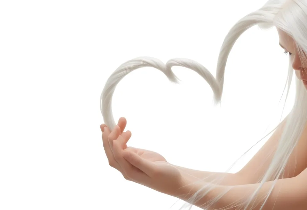 A Heart Shape Made Of White Hair Strands The Hair Is Shiny And Healthy The Background Is Plain White Studio Shot 7 Fd20