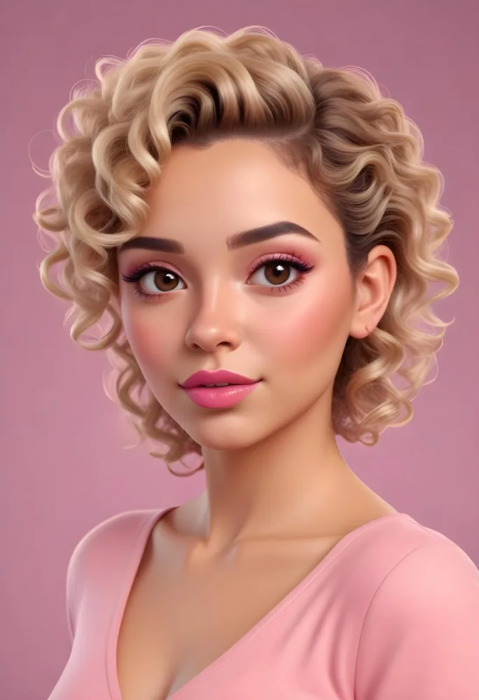 A Hispanic Woman 28 Years Old Light Skin Blonde Curly Short Hair Pink Lips Wearing Makeup Looking At Camera In A Pink Background 39 615c