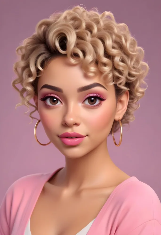 A Hispanic Woman 28 Years Old Light Skin Blonde Curly Short Hair Pink Lips Wearing Makeup Looking At Camera In A Pink Background 44 4bed