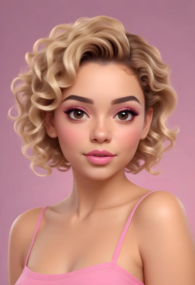 A Hispanic Woman 28 Years Old Light Skin Blonde Curly Short Hair Pink Lips Wearing Makeup Looking At Camera In A Pink Background 49 951b