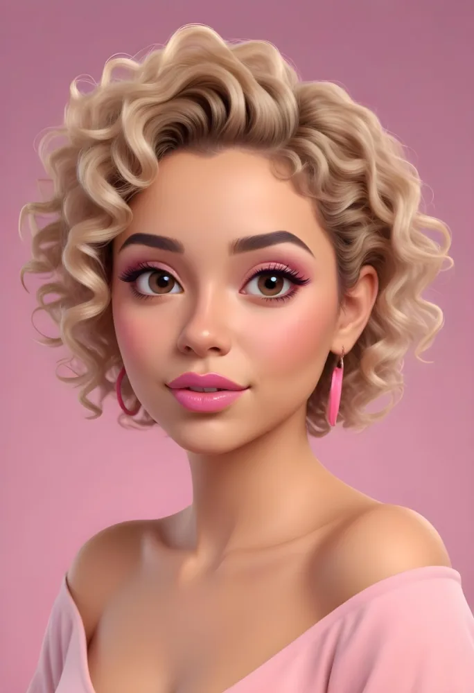 A Hispanic Woman 28 Years Old Light Skin Blonde Curly Short Hair Pink Lips Wearing Makeup Looking At Camera In A Pink Background 5 59e9