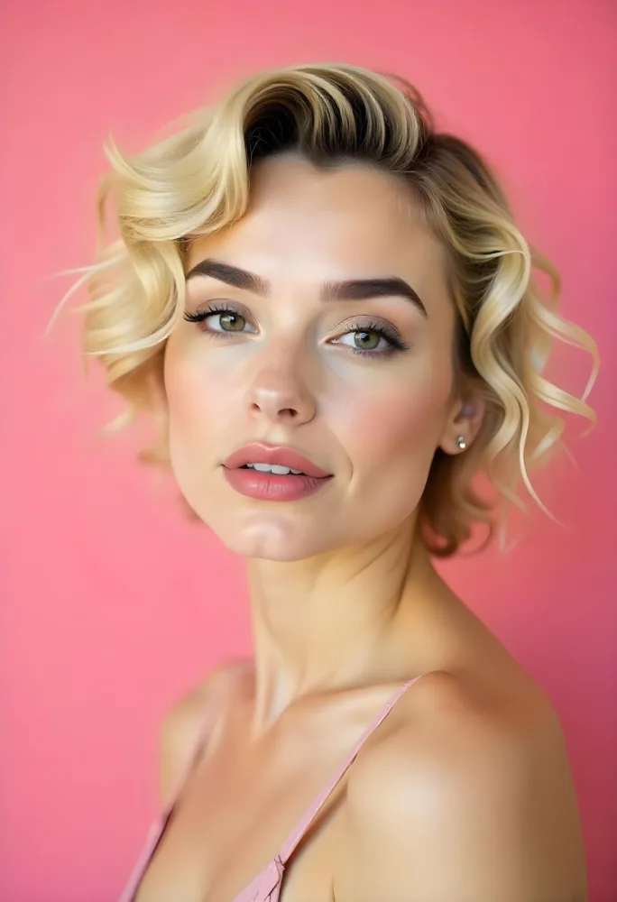 A Hispanic Woman 28 Years Old Light Skin Blonde Curly Short Hair Pink Lips Wearing Makeup Looking At Camera In A Pink Background 60 3f78