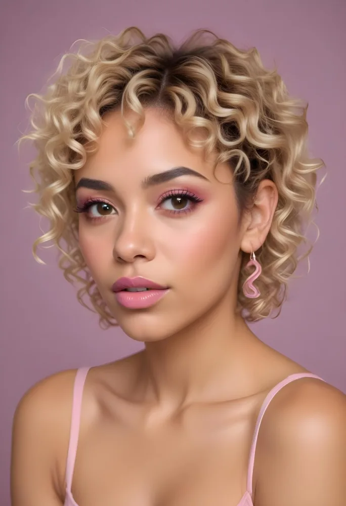 A Hispanic Woman 28 Years Old Light Skin Blonde Curly Short Hair Pink Lips Wearing Makeup Looking At Camera In A Pink Background 61 50a3