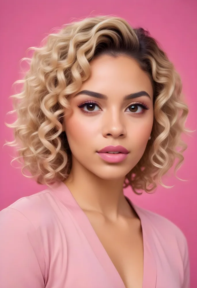 A Hispanic Woman 28 Years Old Light Skin Blonde Curly Short Hair Pink Lips Wearing Makeup Looking At Camera In A Pink Background 63 5b7e