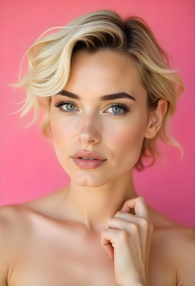 A Hispanic Woman 28 Years Old Light Skin Blonde Curly Short Hair Pink Lips Wearing Makeup Looking At Camera In A Pink Background 66 Ee63