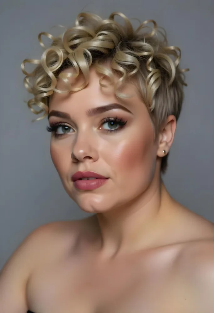 A Hispanic Woman 28 Years Old Light Skin Blonde Curly Short Hair Pink Lips Wearing Makeup Looking At Camera In A Pink Background 68 5382