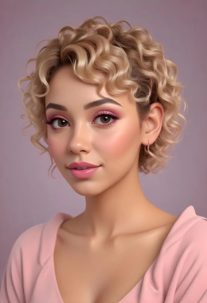 A Hispanic Woman 28 Years Old Light Skin Blonde Curly Short Hair Pink Lips Wearing Makeup Looking At Camera In A Pink Background 7 6f4c