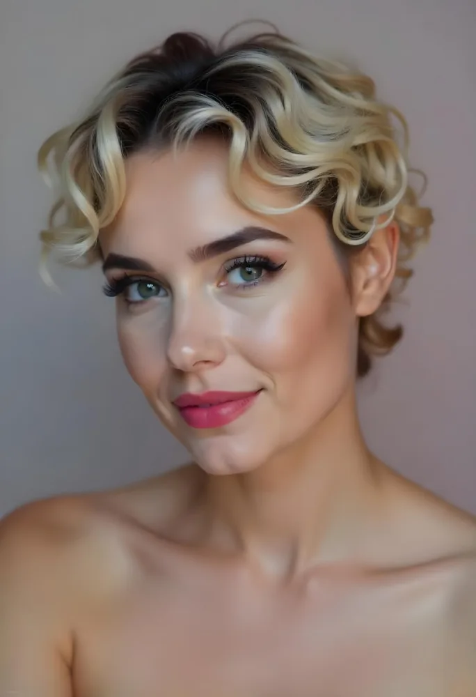 A Hispanic Woman 28 Years Old Light Skin Blonde Curly Short Hair Pink Lips Wearing Makeup Looking At Camera In A Pink Background 74 Ee1e