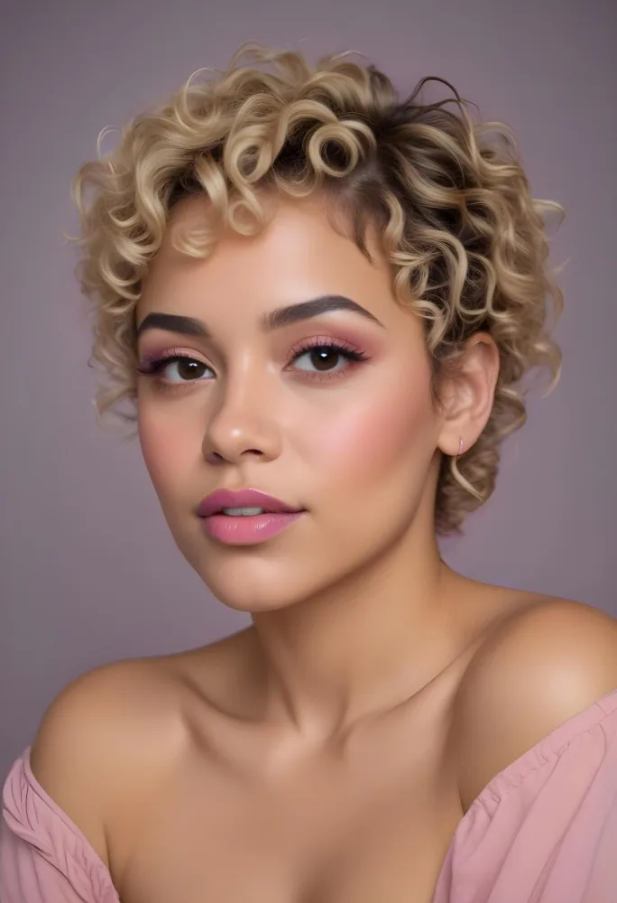 A Hispanic Woman 28 Years Old Light Skin Blonde Curly Short Hair Pink Lips Wearing Makeup Looking At Camera In A Pink Background 75 B14d