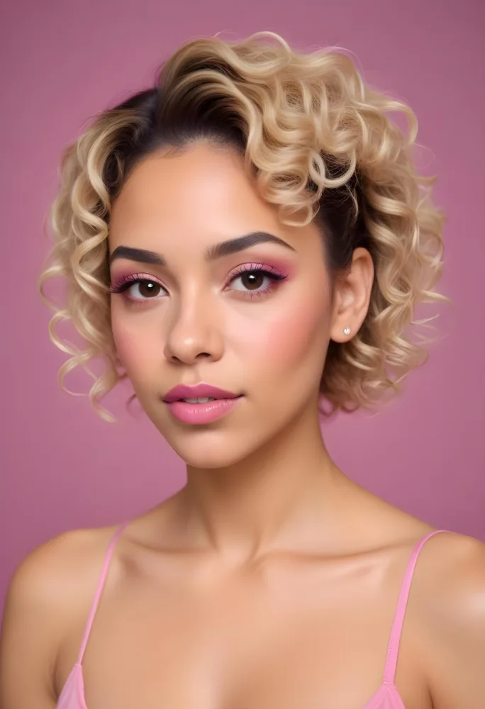 A Hispanic Woman 28 Years Old Light Skin Blonde Curly Short Hair Pink Lips Wearing Makeup Looking At Camera In A Pink Background 82 D266