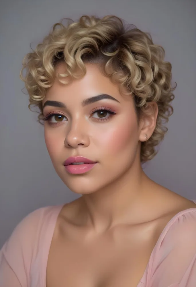 A Hispanic Woman 28 Years Old Light Skin Blonde Curly Short Hair Pink Lips Wearing Makeup Looking At Camera In A Pink Background 83 96fa