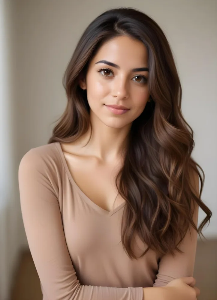 A Hispanic Woman 28 Years Old With Long Brown Hair Looking At The Camera In A Bright Room 14 Ae80