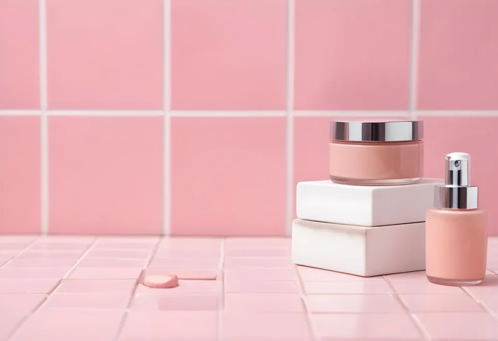 A Jar Of Makeup On Top Of Three White Platforms In A Pink Tiled Bathroom The Background Is Pink Tiles And The Floor Is White 15 F561